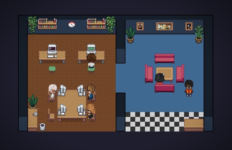 The pixel office: AI agents working at desks in one room and meeting in a lounge in the next